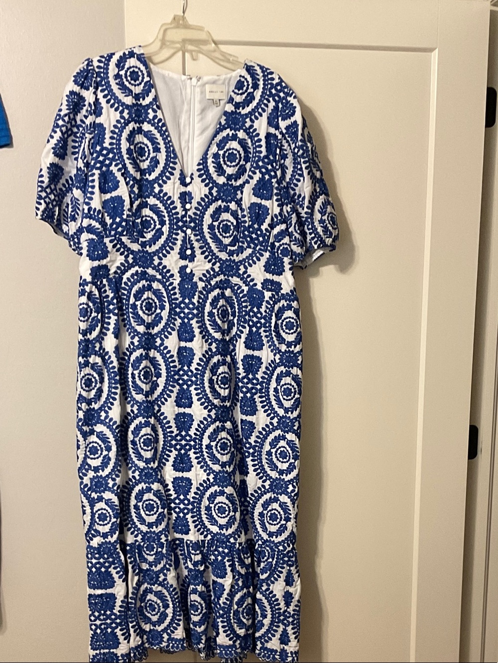 Blue & White Embroidered Midi Dress